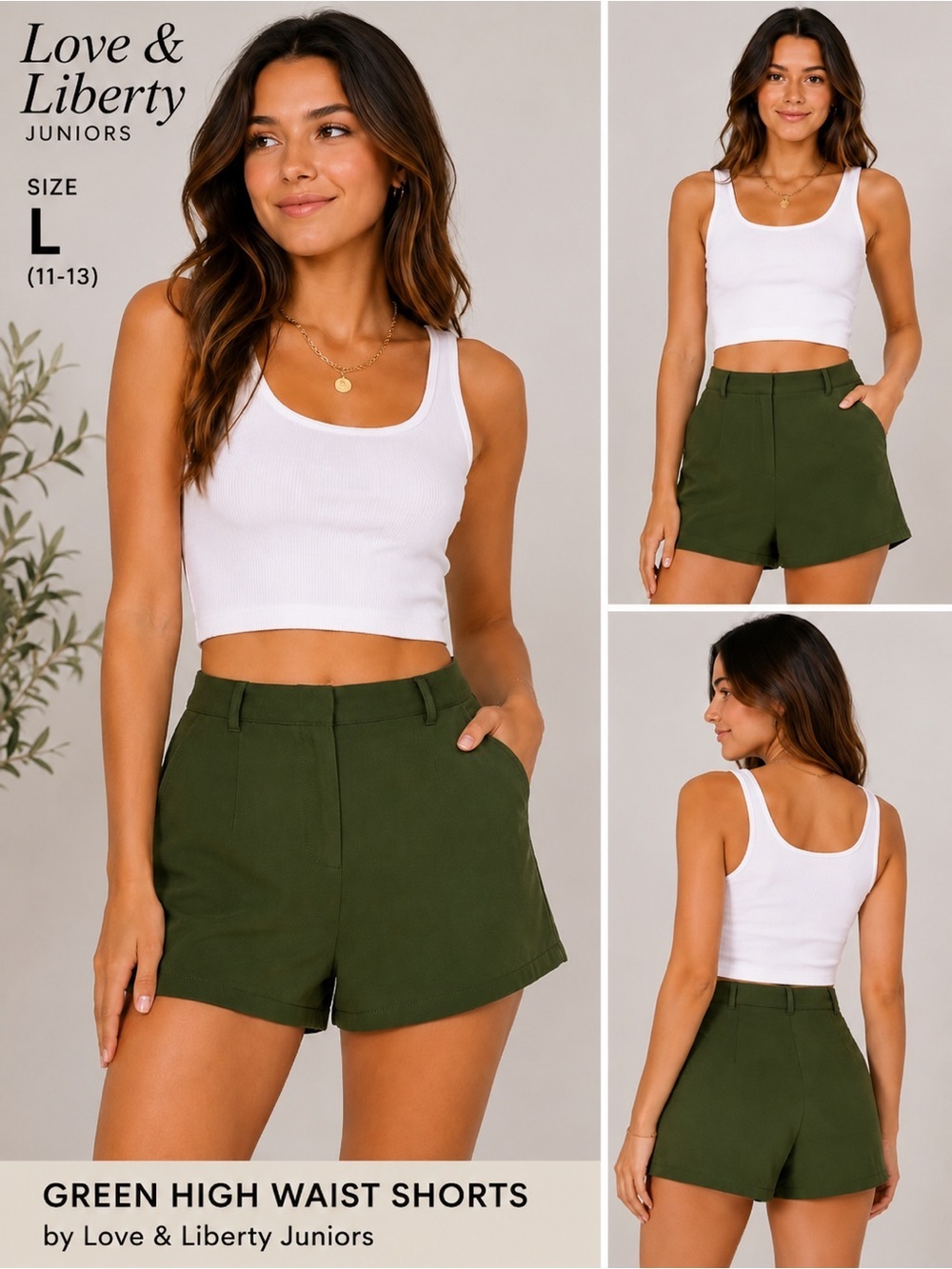 Love & Liberty Juniors Olive Green High Waist Shorts Tailored Casual coastal/L